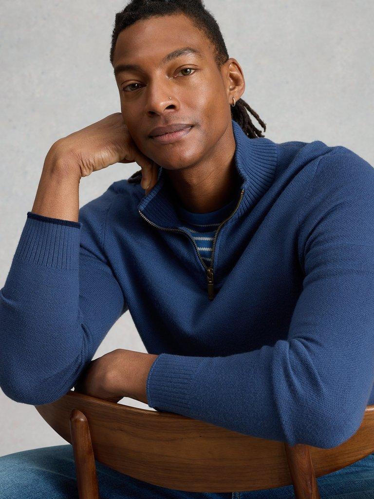 Newport Merino Funnel Neck in MID BLUE - LIFESTYLE