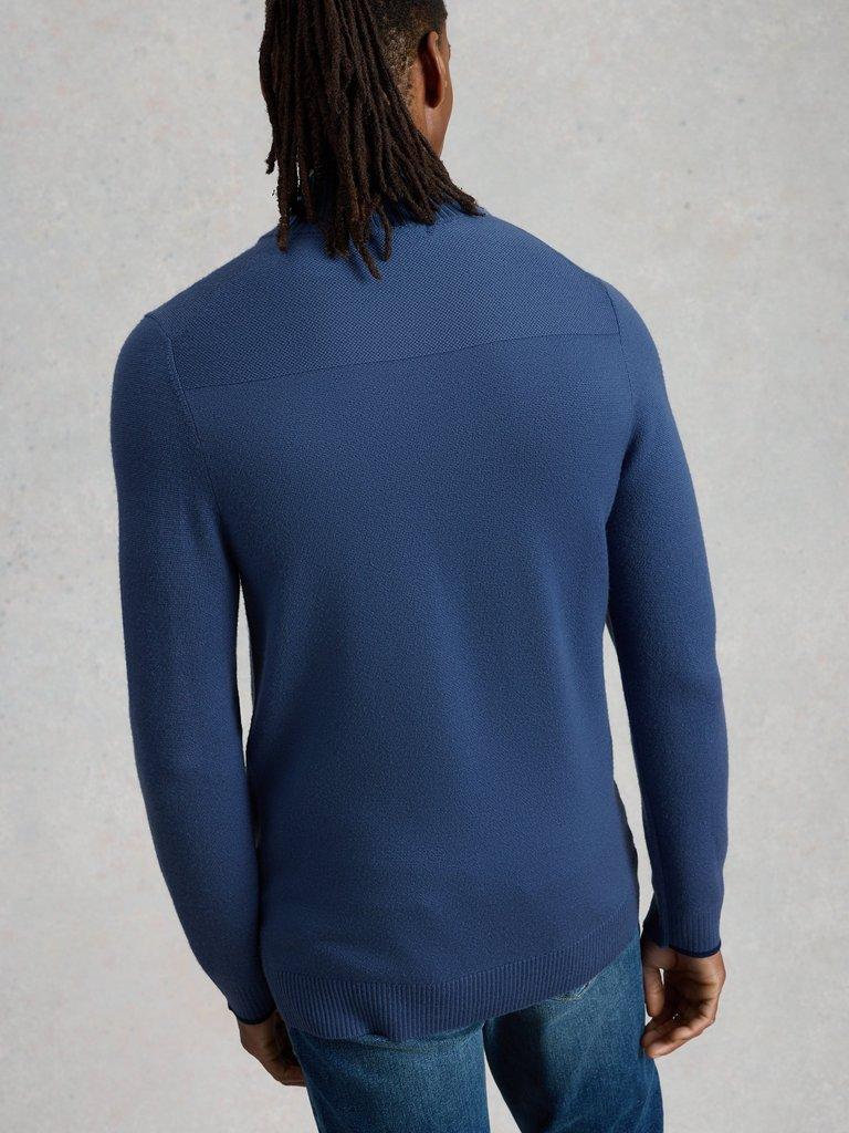 Newport Merino Funnel Neck in MID BLUE - MODEL BACK