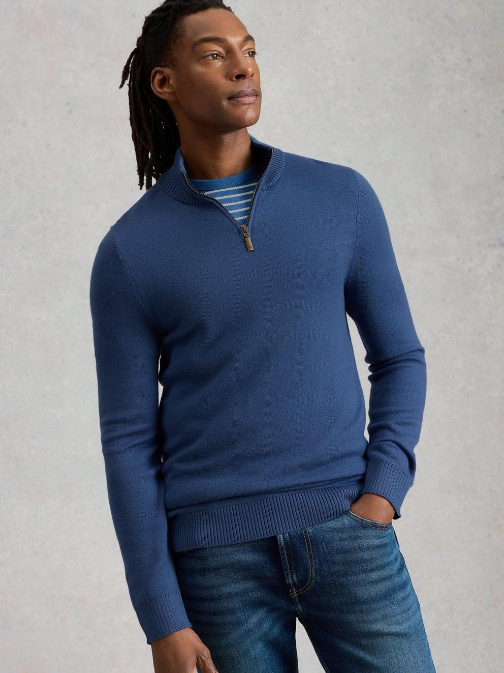 Newport Merino Funnel Neck in MID BLUE - MODEL DETAIL