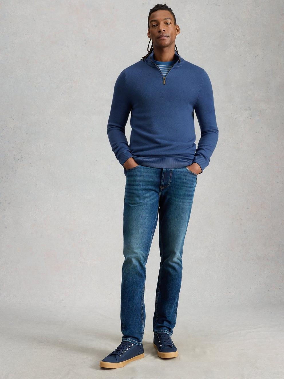 Newport Merino Funnel Neck in MID BLUE - MODEL FRONT