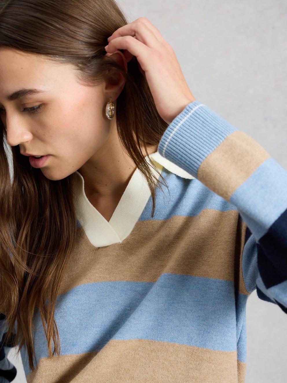 ROCHELLE RUGBY JUMPER in BLUE MLT - MODEL DETAIL