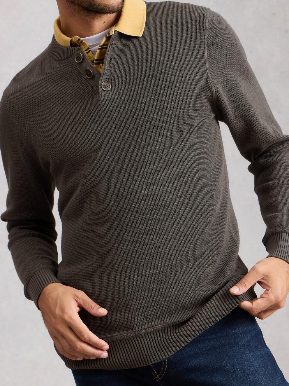 Attadale Henley Jumper in WASHED BLK - MODEL DETAIL