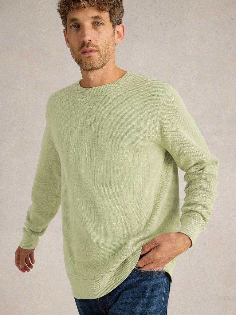 Attadale Plain Crew Neck Jumper in LGT GREEN - MODEL DETAIL