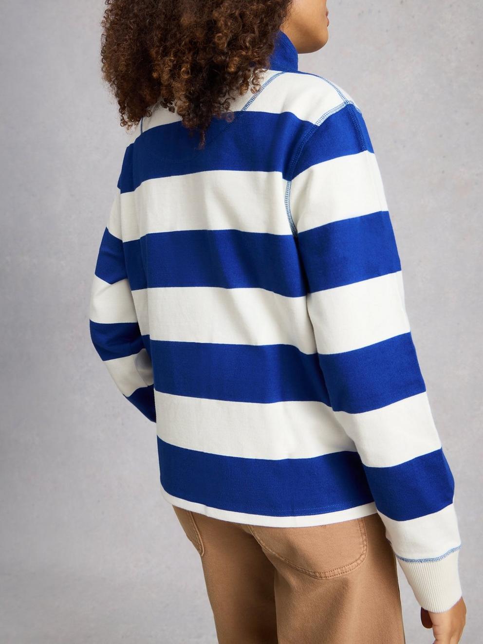 BOBBY BUTTON STRIPE SWEAT in BLUE MLT - MODEL BACK