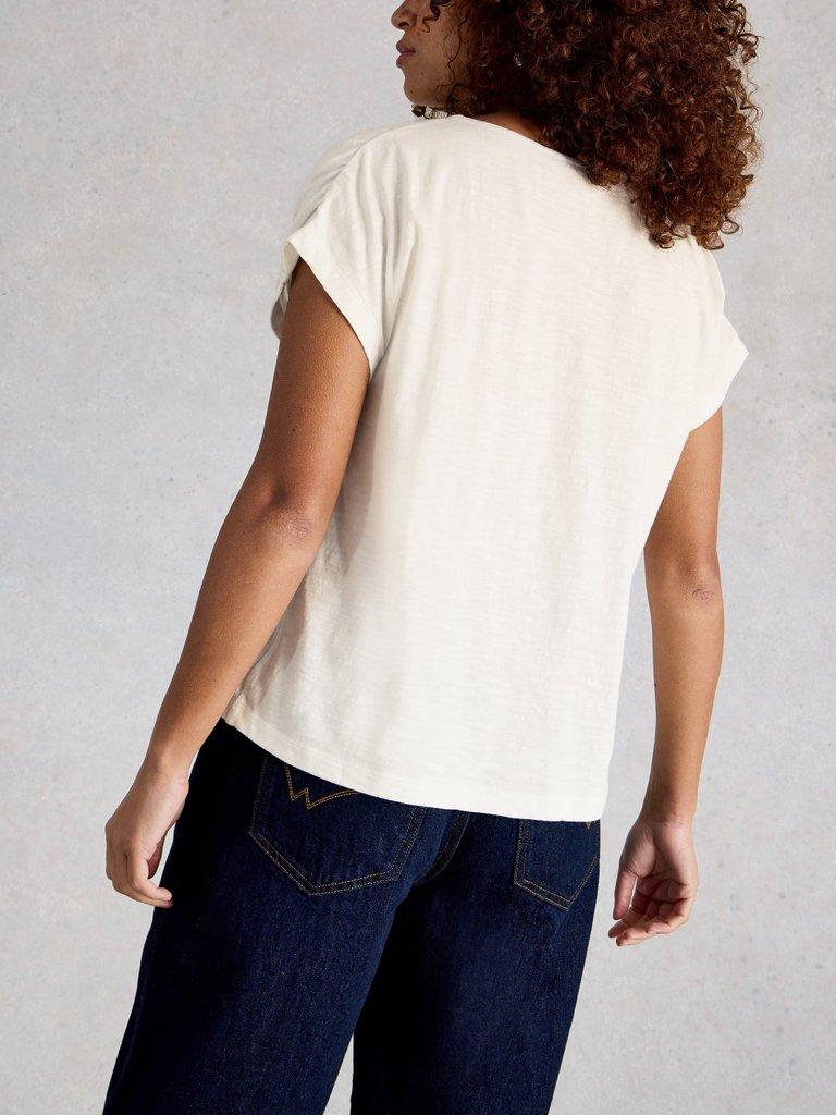 RACHEL RUCHED TEE in NAT WHITE - MODEL BACK
