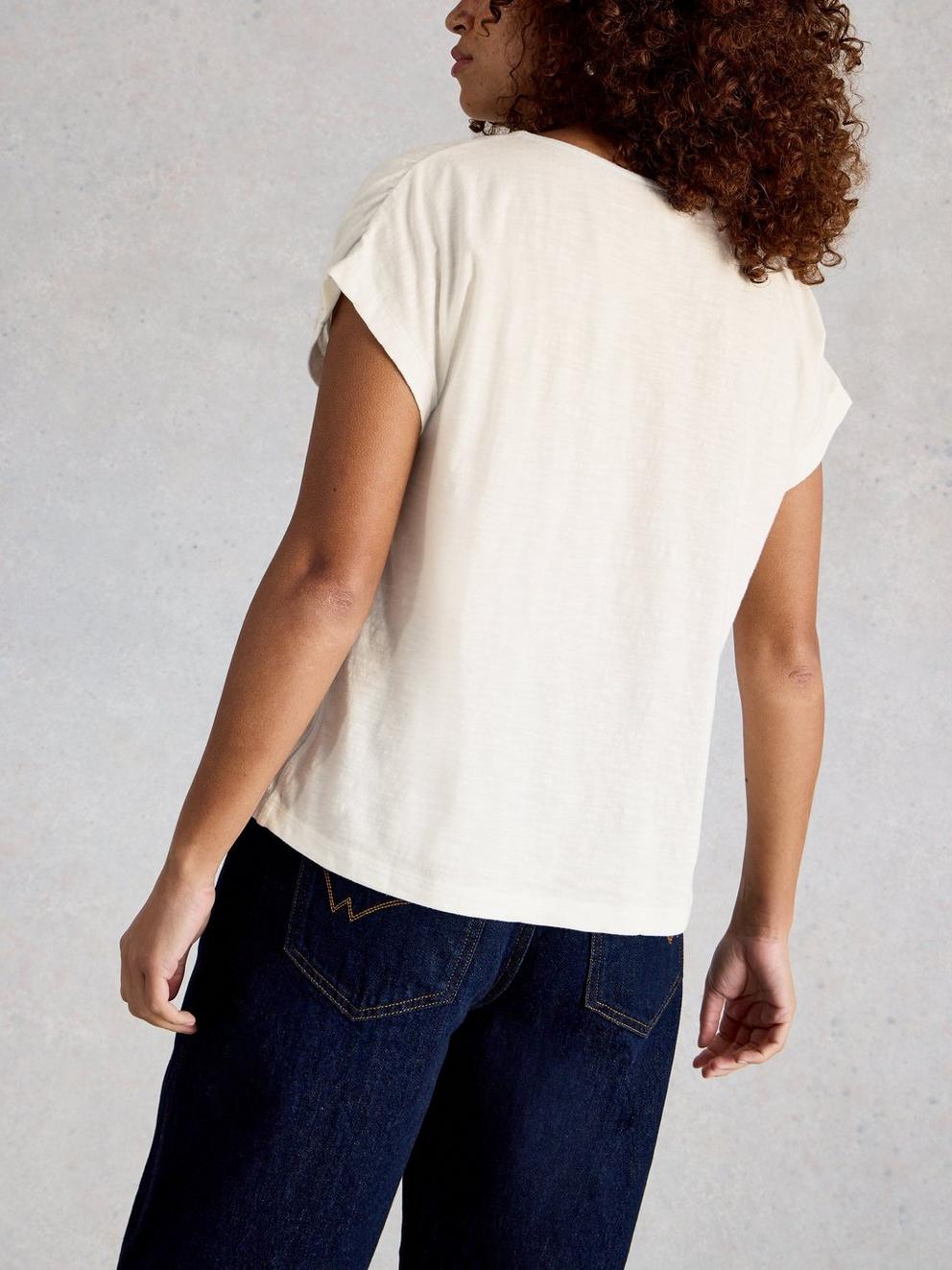 RACHEL RUCHED TEE in NAT WHITE - MODEL BACK