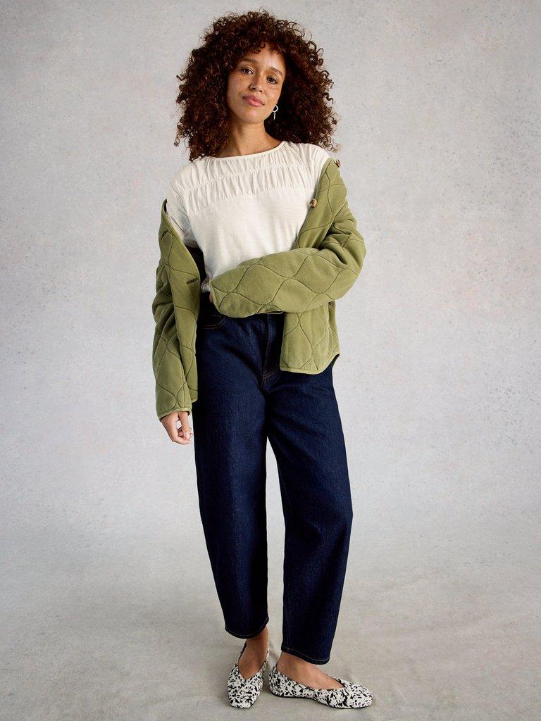 RACHEL RUCHED TEE in NAT WHITE - MODEL FRONT