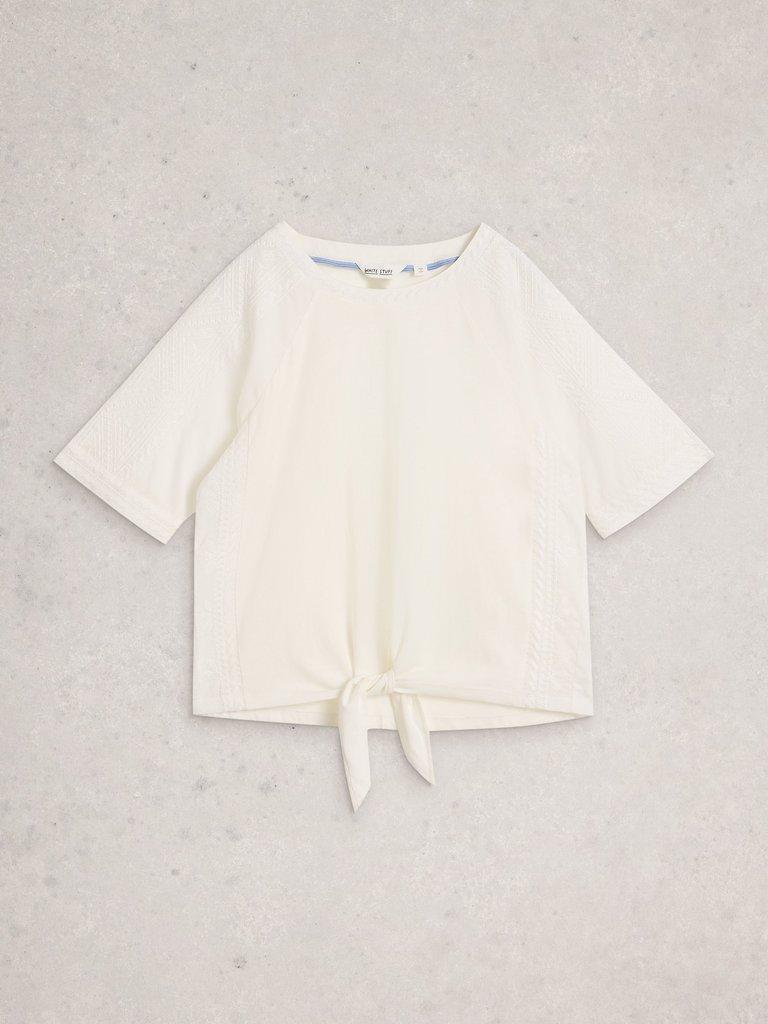EMBROIDERED TIE HEM CREW NECK TOP in BRIL WHITE - FLAT FRONT