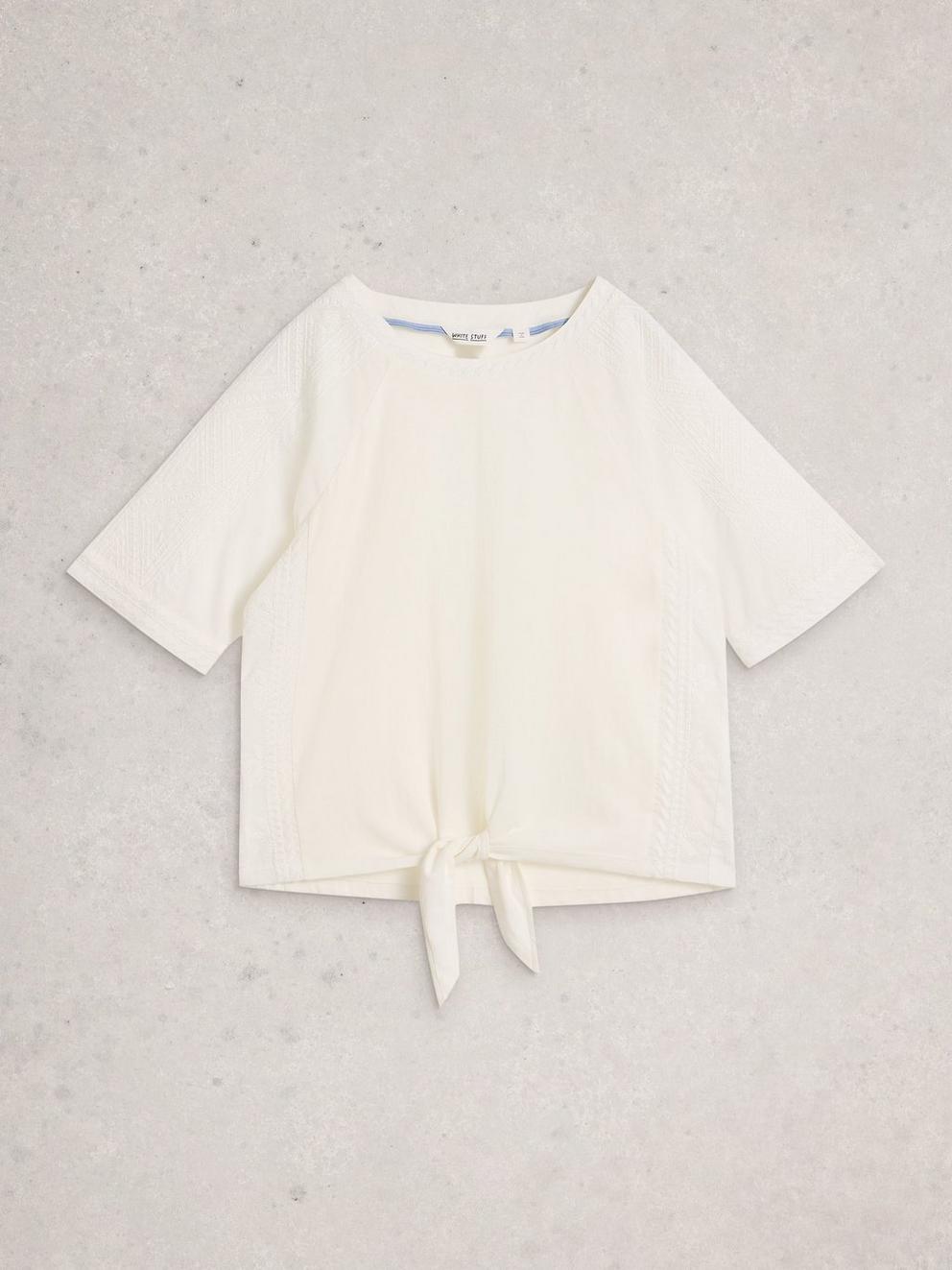 EMBROIDERED TIE HEM CREW NECK TOP in BRIL WHITE - FLAT FRONT