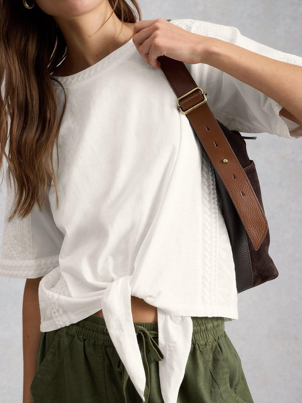 EMBROIDERED TIE HEM CREW NECK TOP in BRIL WHITE - MODEL DETAIL