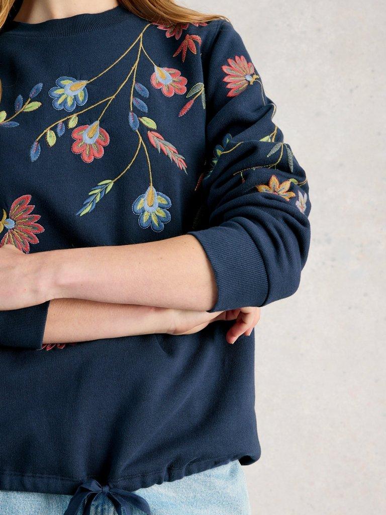 FLORAL EMBROIDERED SWEAT in NAVY MULTI - MODEL DETAIL