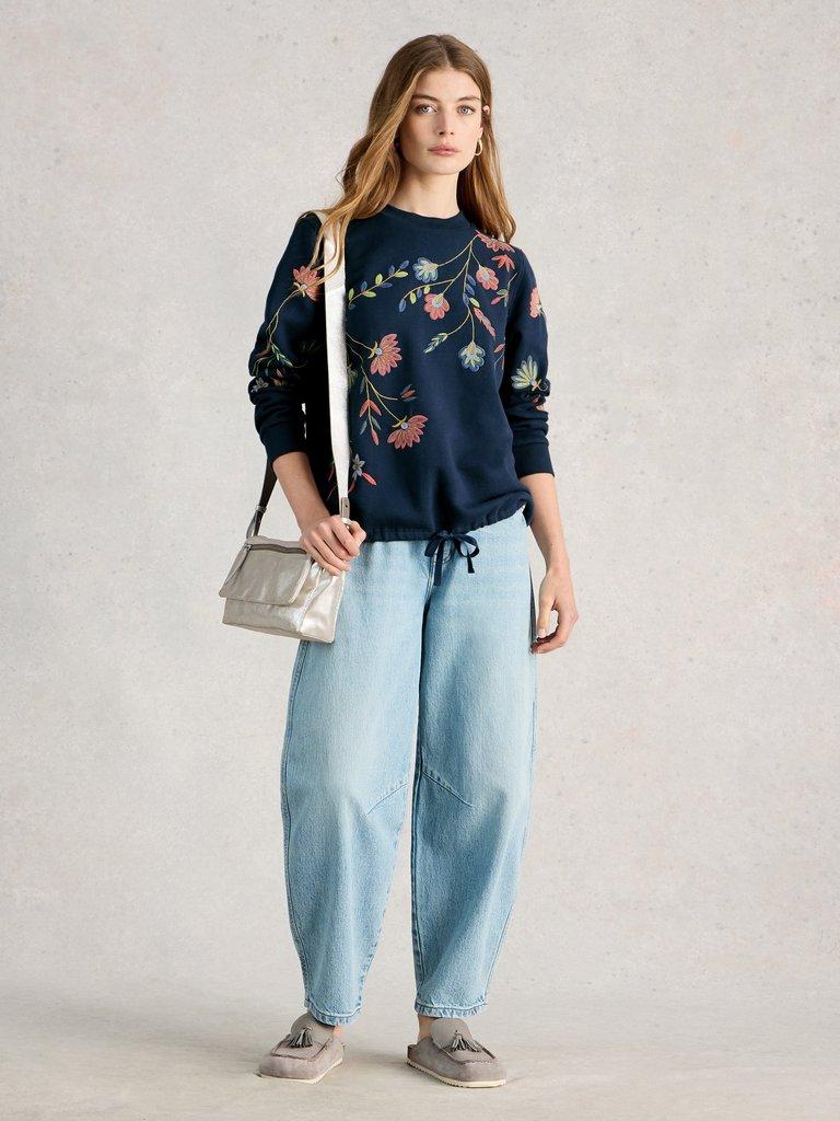 FLORAL EMBROIDERED SWEAT in NAVY MULTI - MODEL FRONT