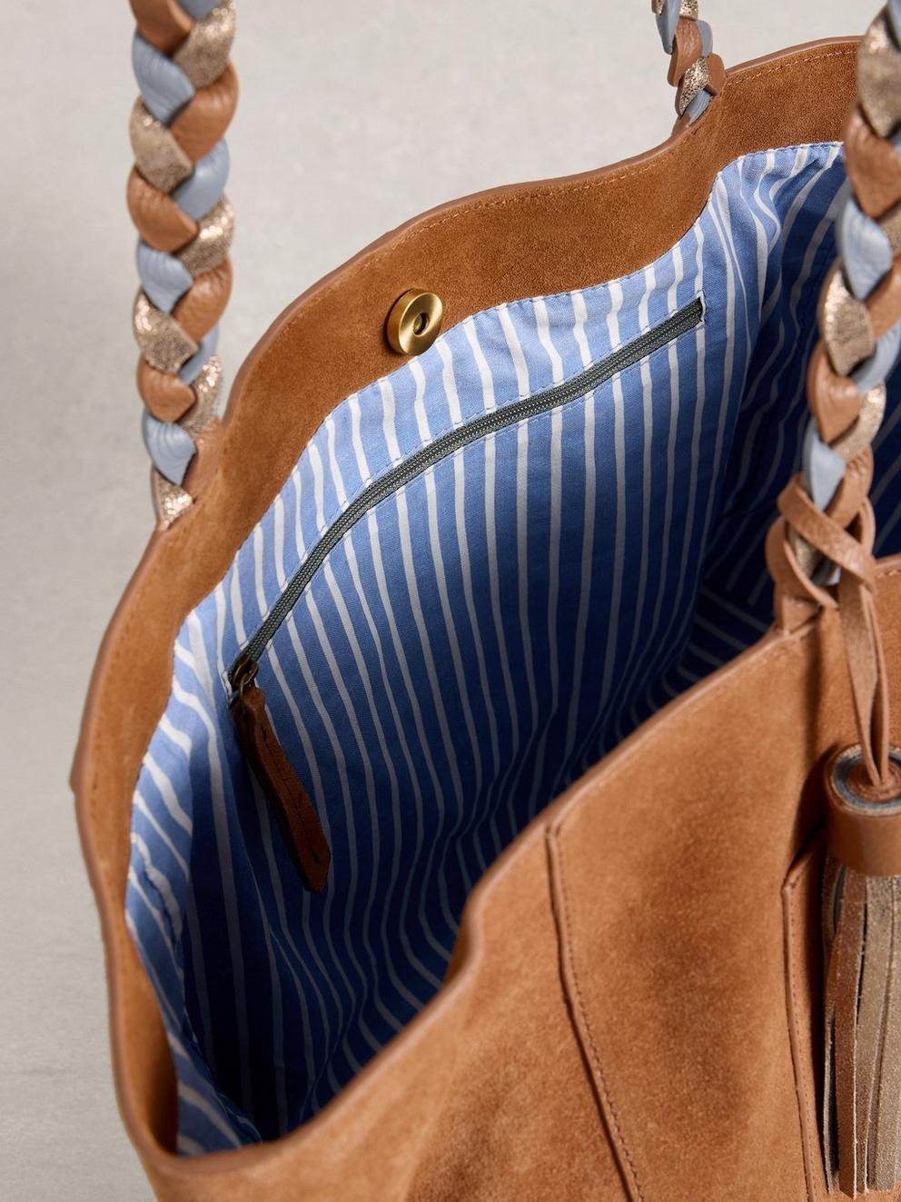 Tara Tassel Tote Bag  in MID TAN - FLAT DETAIL