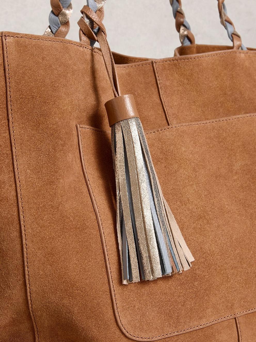 Tara Tassel Tote Bag  in MID TAN - MODEL DETAIL