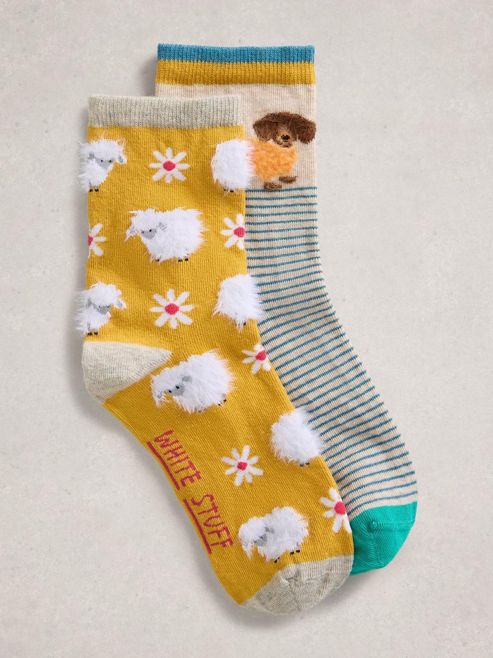 2 Pack Fluffy Animal Socks in CHART MLT - FLAT FRONT