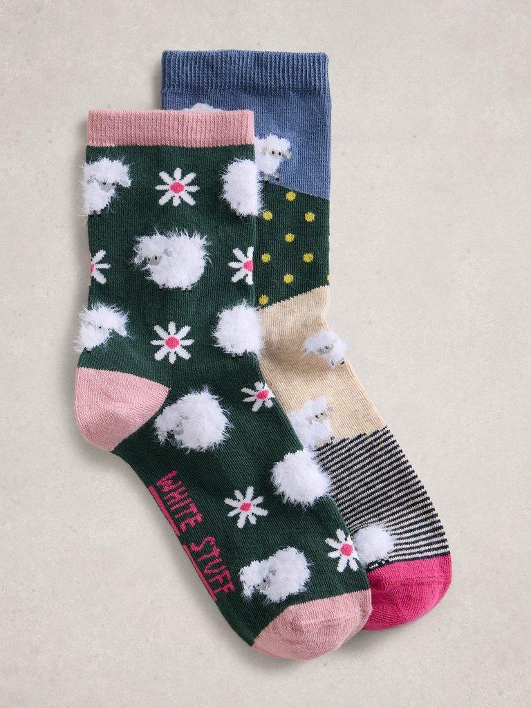 2 Pack Fluffy Sheep Socks in GREEN MLT - FLAT FRONT