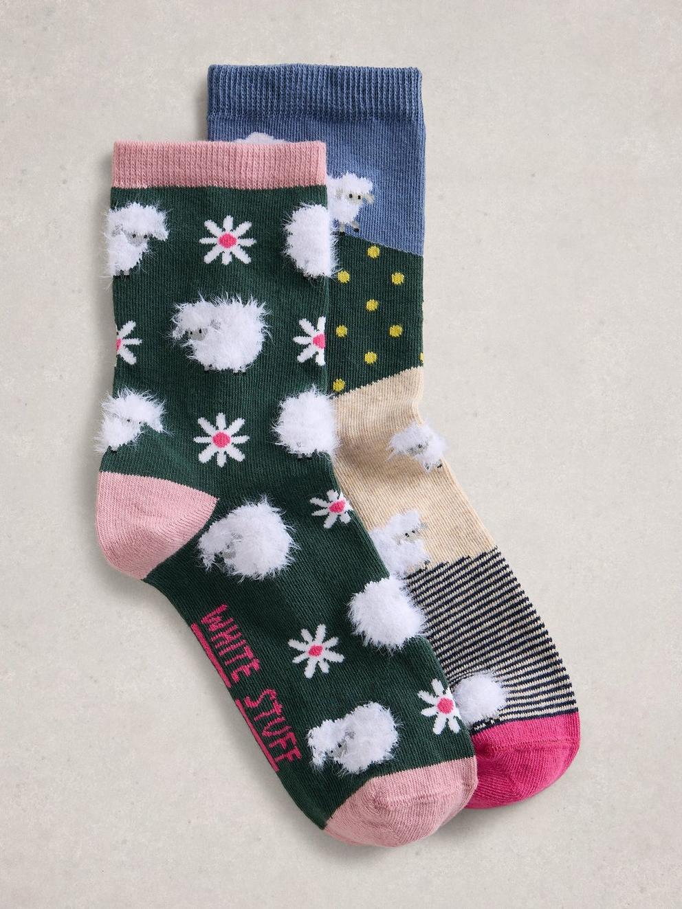 2 Pack Fluffy Sheep Socks in GREEN MLT - FLAT FRONT