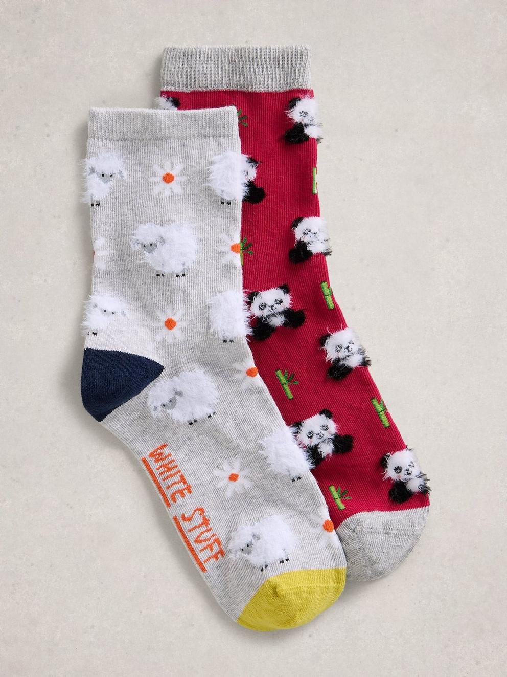 Fluffy Animal Socks 2 Pack in GREY MLT - FLAT FRONT