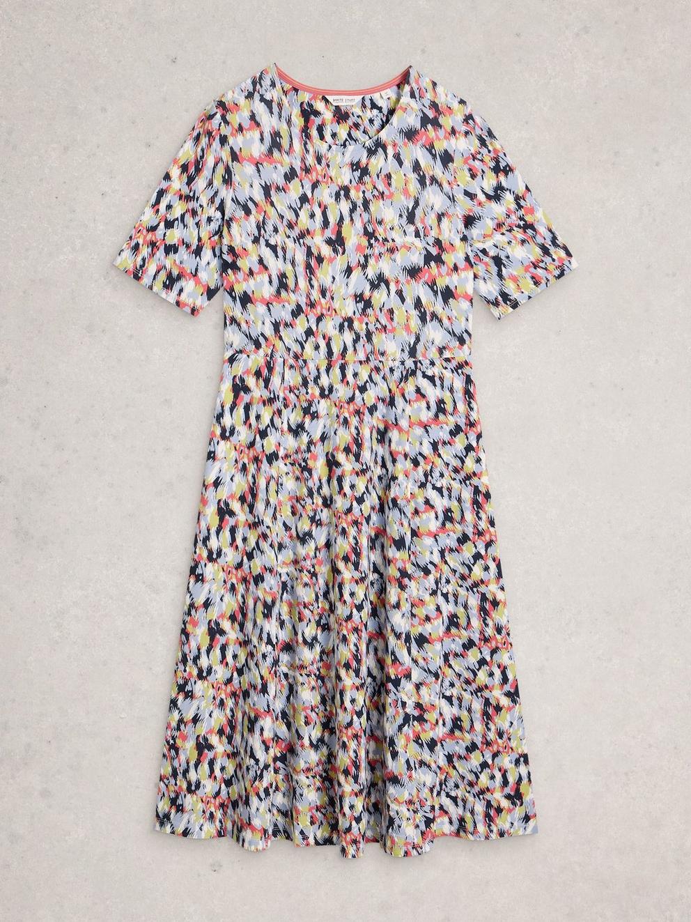 Madeline Crew Neck Midi Jersey Dress in BLUE MLT - FLAT FRONT