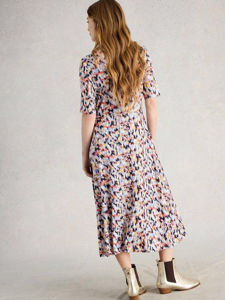 Madeline Crew Neck Midi Jersey Dress in BLUE MLT - MODEL BACK