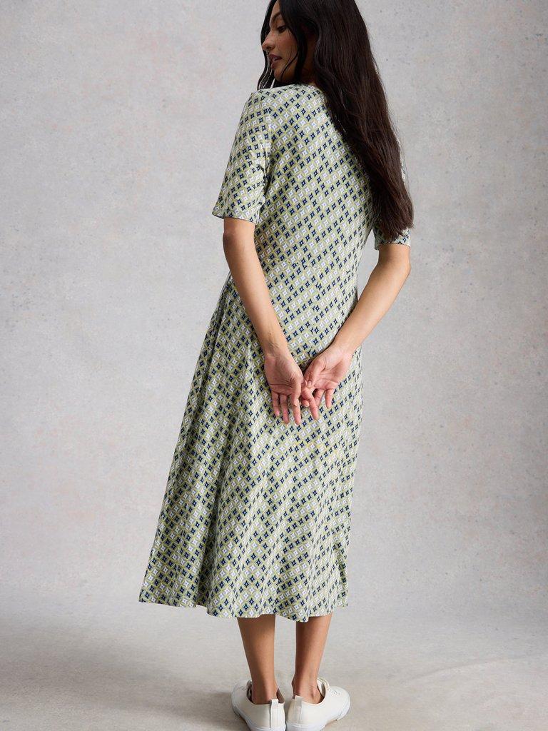 Madeline Crew Neck Midi Jersey Dress in GREEN MLT - MODEL BACK