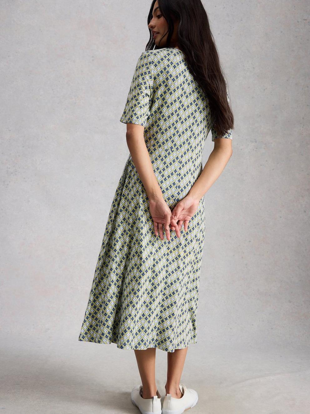 Madeline Crew Neck Midi Jersey Dress in GREEN MLT - MODEL BACK