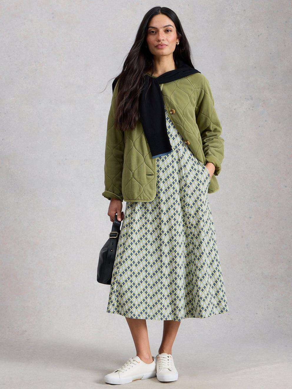 Madeline Crew Neck Midi Jersey Dress in GREEN MLT - MODEL FRONT