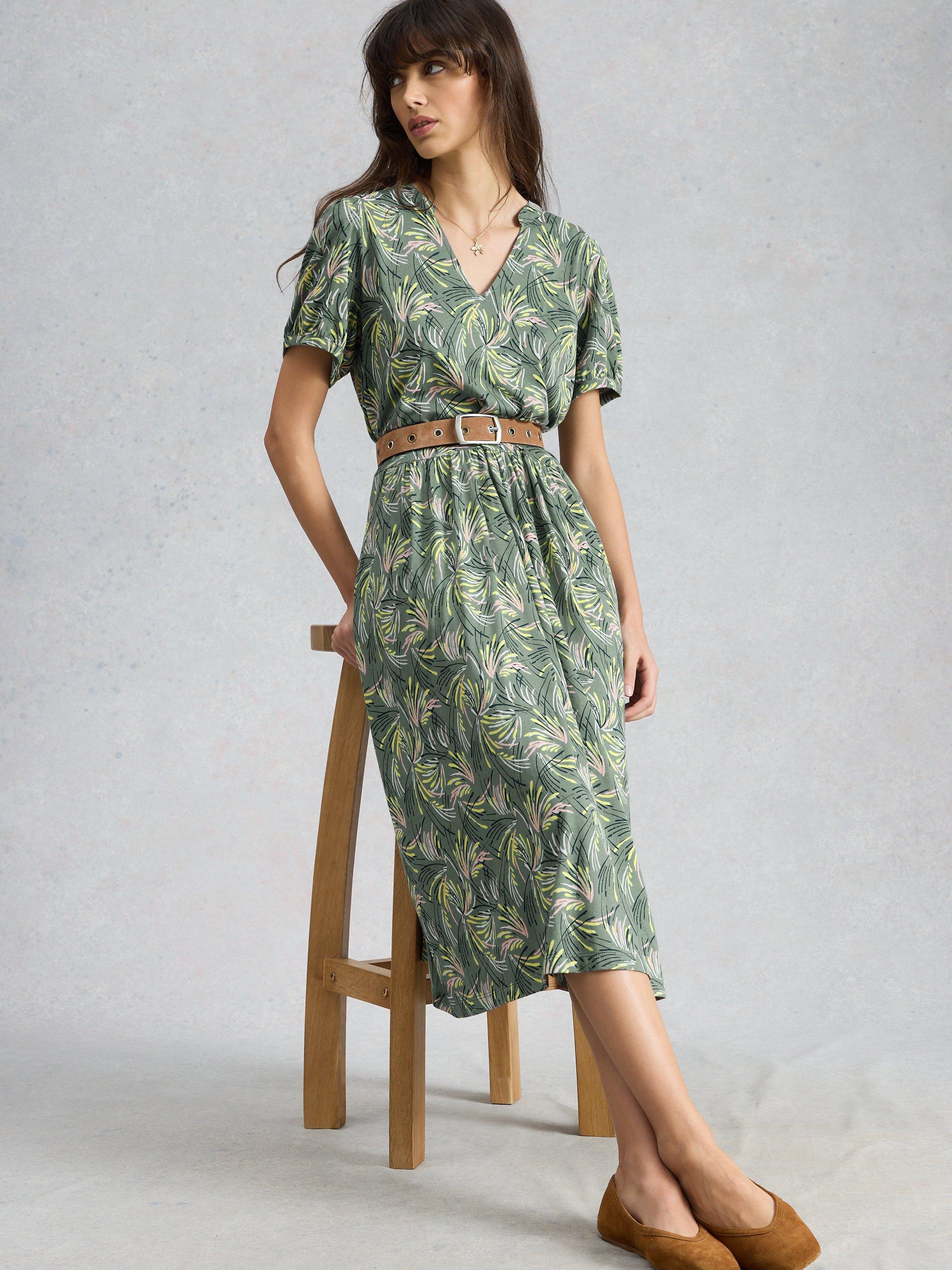 Leah Short Sleeve Jersey Midi Dress in GREEN PRINT | White Stuff US