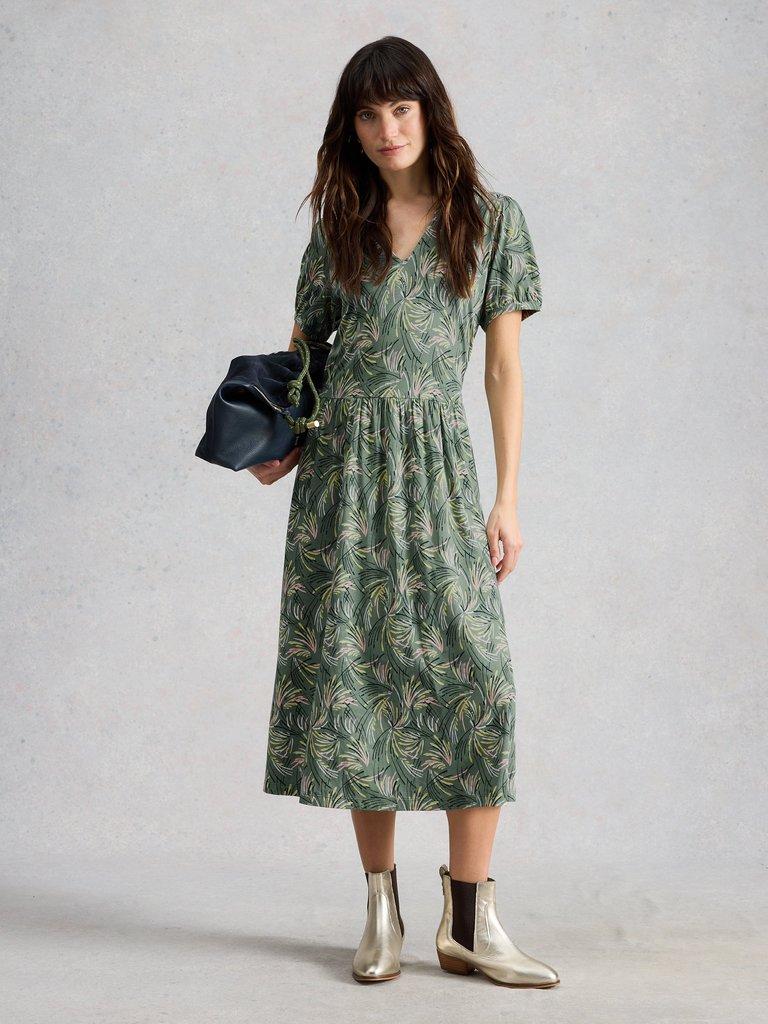 Leah Short Sleeve Jersey Midi Dress in GREEN PR - MODEL FRONT