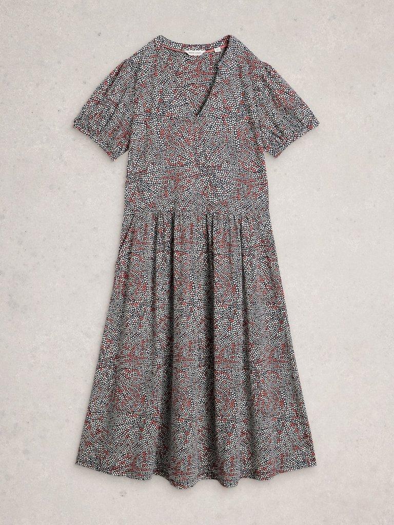 Leah Short Sleeve Jersey Midi Dress in NAVY MULTI - FLAT FRONT