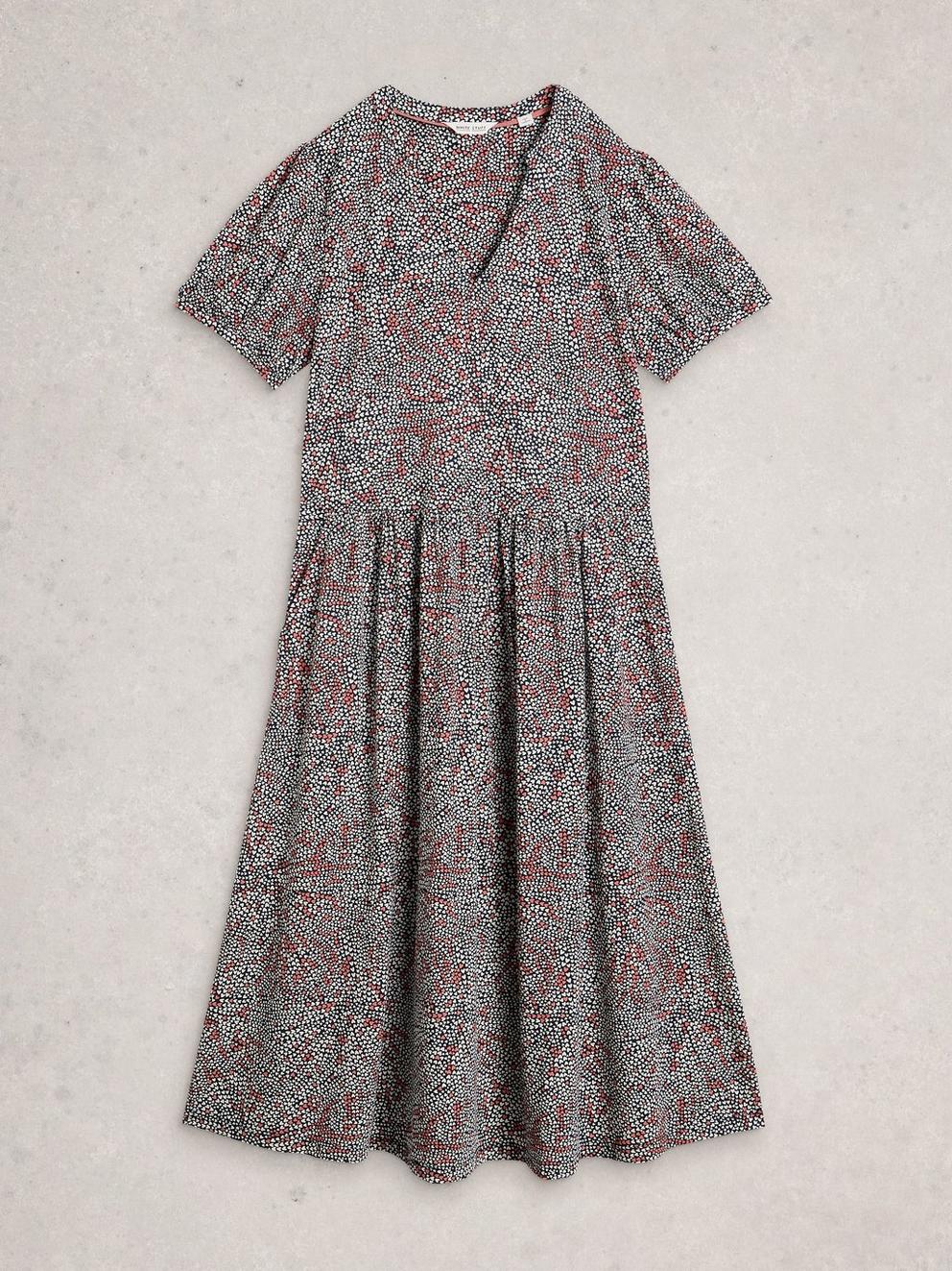 Leah Short Sleeve Jersey Midi Dress in NAVY MULTI - FLAT FRONT