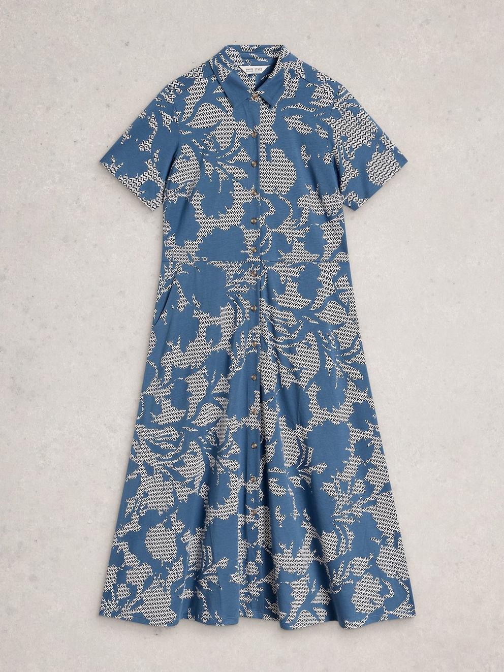 Rua Jersey Collared Short Sleeve Shirt Dress in BLUE PR - FLAT FRONT