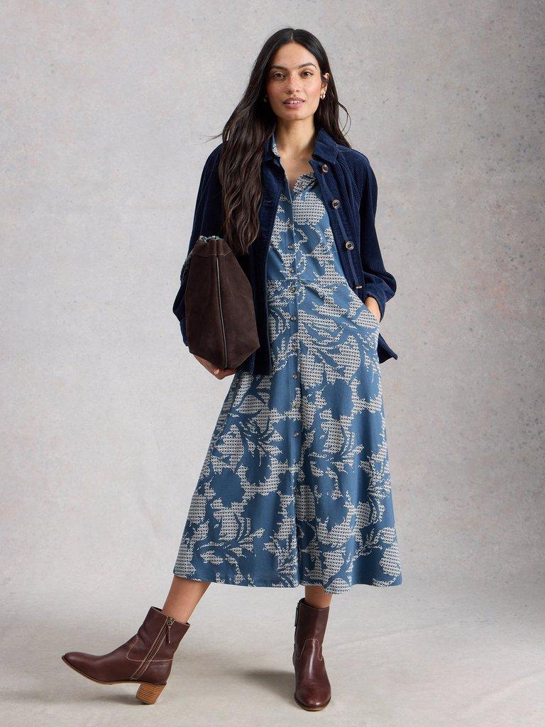 Rua Jersey Collared Short Sleeve Shirt Dress in BLUE PR - MODEL FRONT