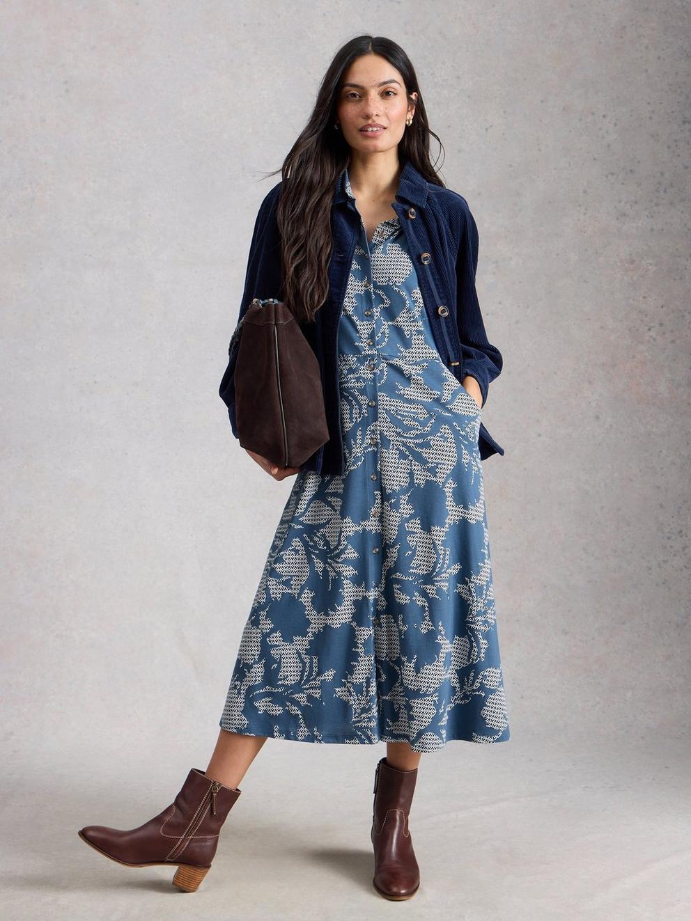 Rua Jersey Collared Short Sleeve Shirt Dress in BLUE PR - MODEL FRONT