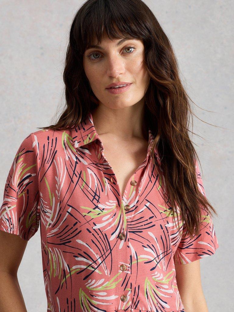 Rua Jersey Collared Short Sleeve Shirt Dress in PINK PR - MODEL DETAIL