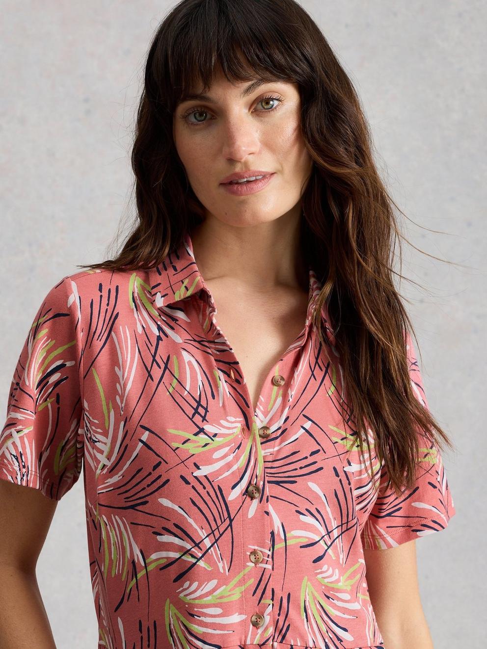 Rua Jersey Collared Short Sleeve Shirt Dress in PINK PR - MODEL DETAIL