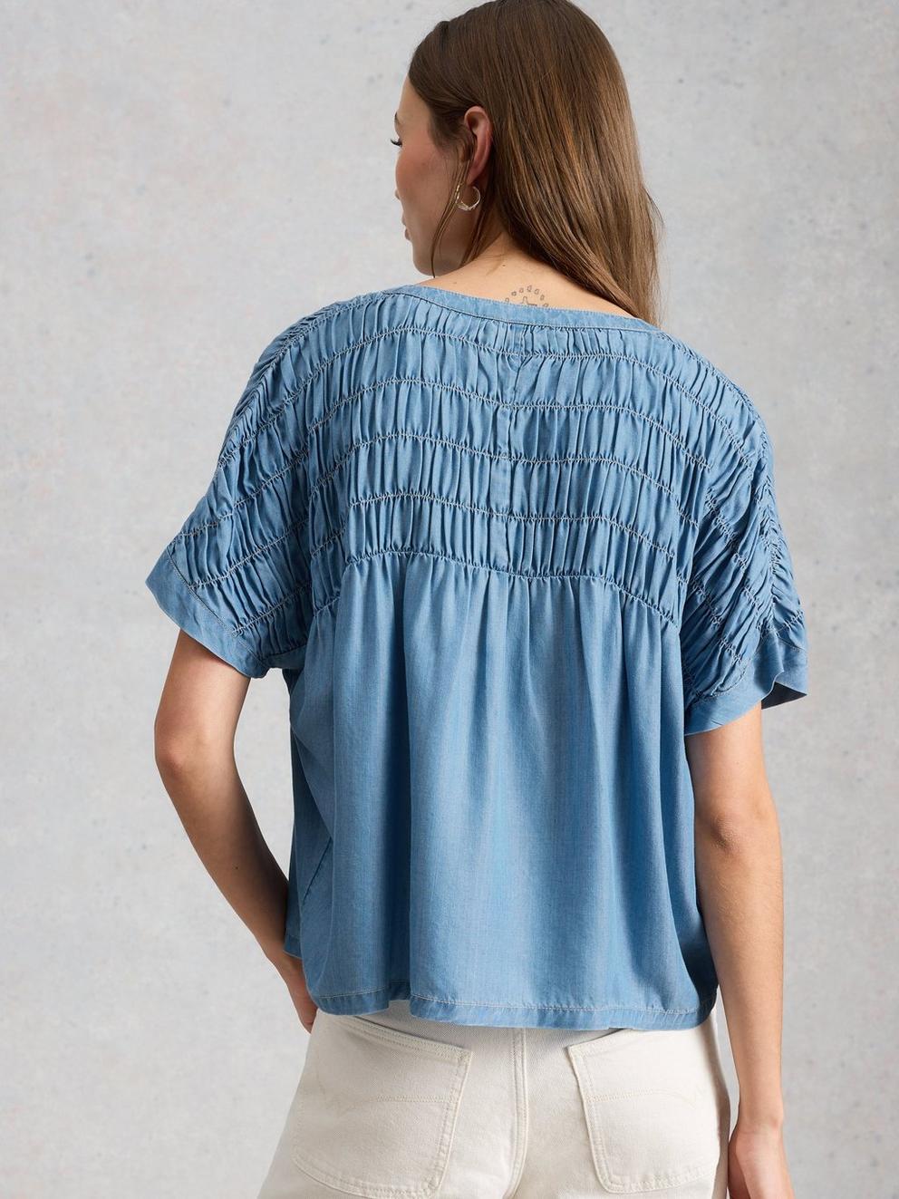 Tammie Chambray Shirt  in MID DENIM - MODEL BACK