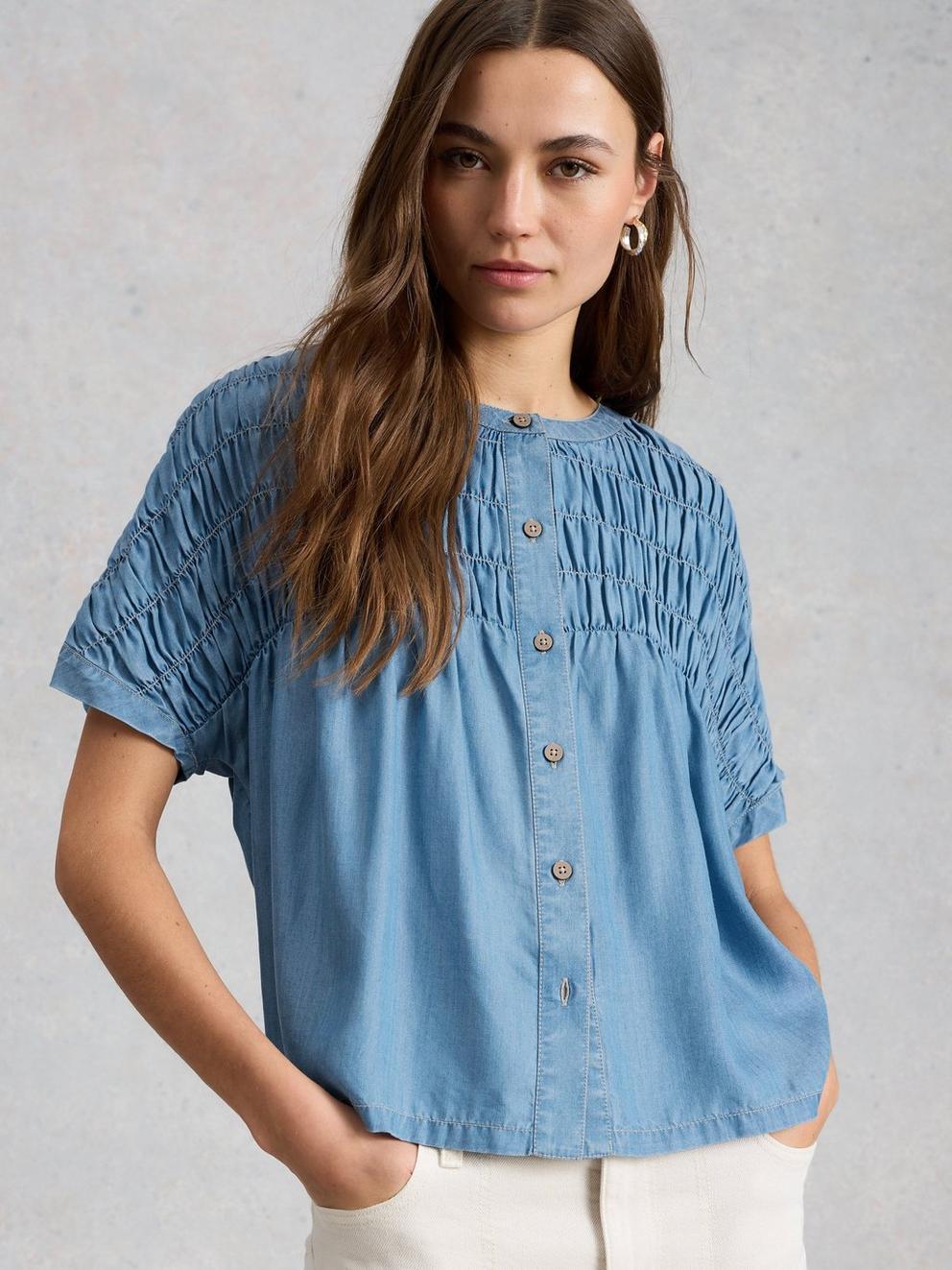 Tammie Chambray Shirt  in MID DENIM - MODEL DETAIL
