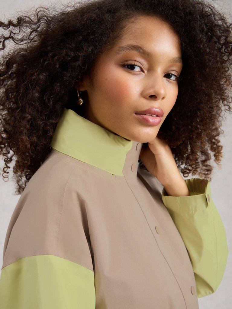 Beth Waterproof Hooded Coat in GREEN MLT - MODEL DETAIL