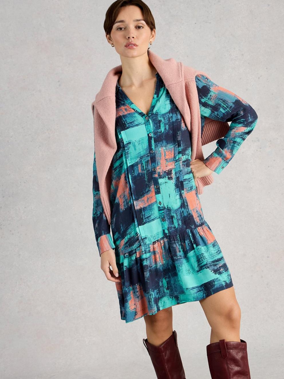 Frankie Collared Dress in NAVY MULTI - MODEL DETAIL