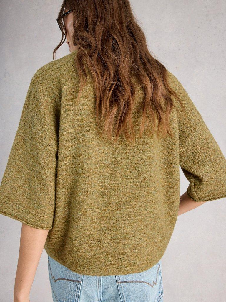 KATE KNITTED CREW NECK TEE in BRT GREEN - MODEL BACK