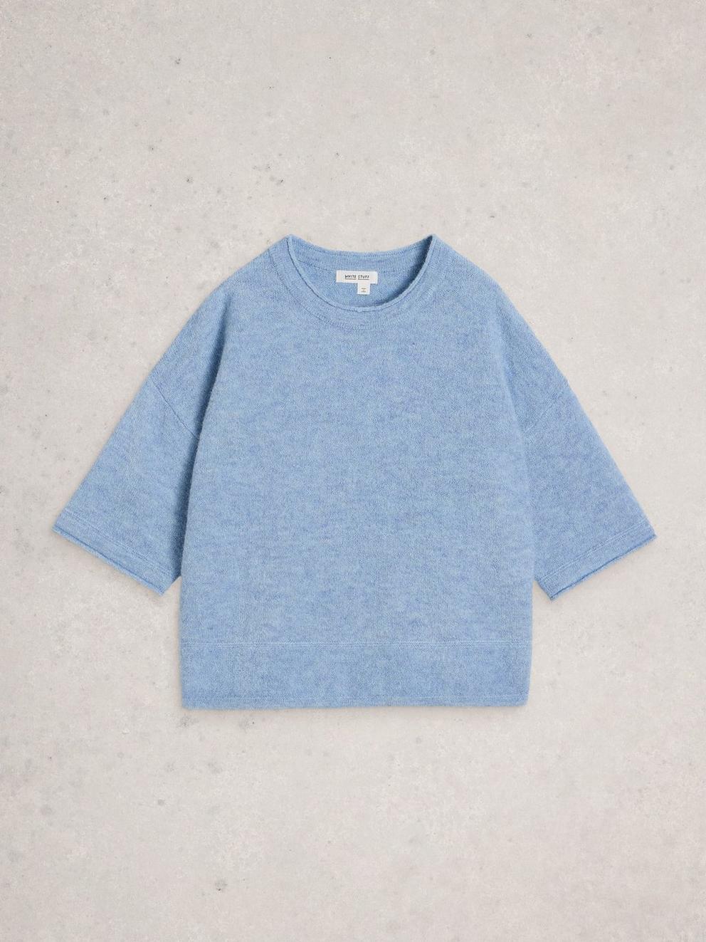 KATE KNITTED CREW NECK TEE in MID BLUE - FLAT FRONT