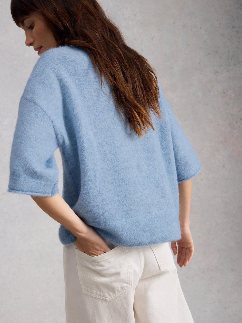 KATE KNITTED CREW NECK TEE in MID BLUE - MODEL BACK
