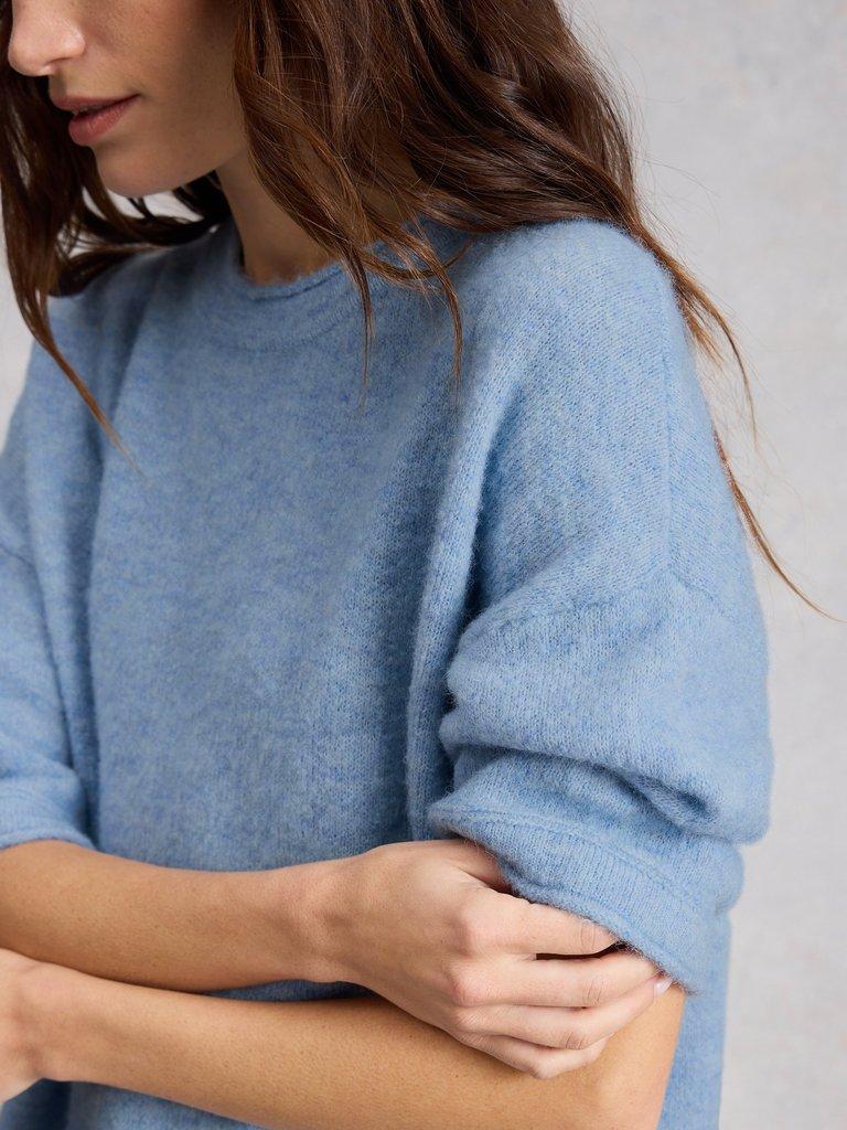 KATE KNITTED CREW NECK TEE in MID BLUE - MODEL DETAIL