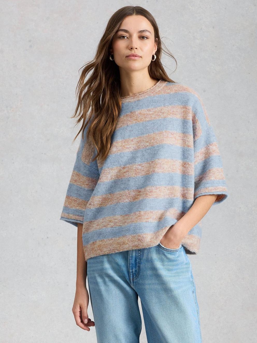 KATE KNITTED STRIPE TEE in NAT MLT - MODEL DETAIL