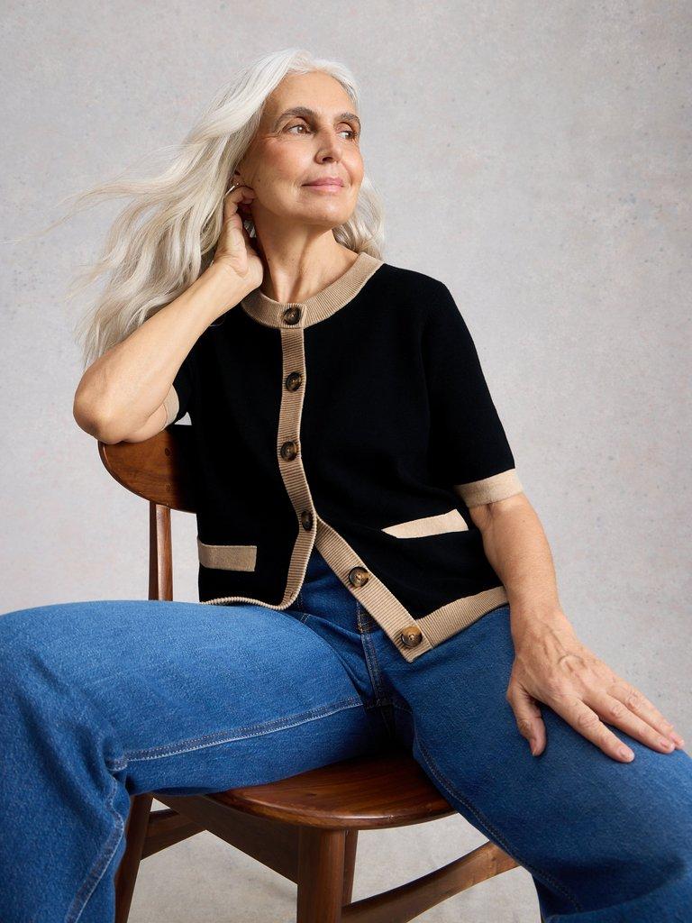 CHARLOTTE SHORT SLEEVE CARDI in BLK MLT - LIFESTYLE