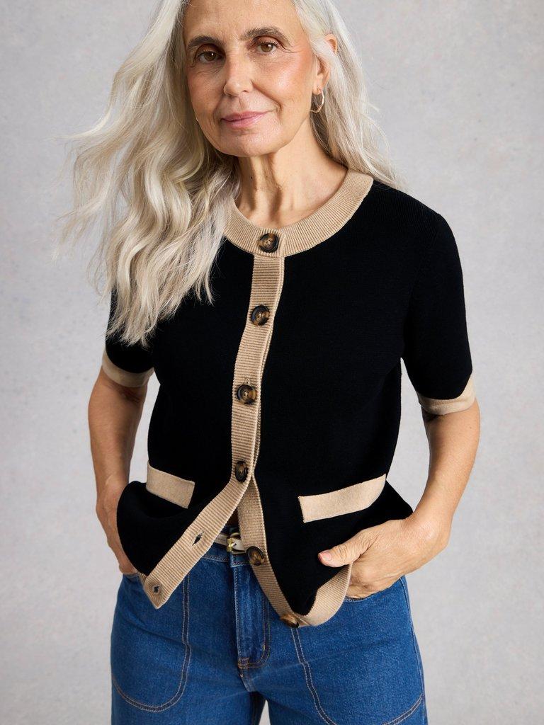 CHARLOTTE SHORT SLEEVE CARDI in BLK MLT - MODEL DETAIL