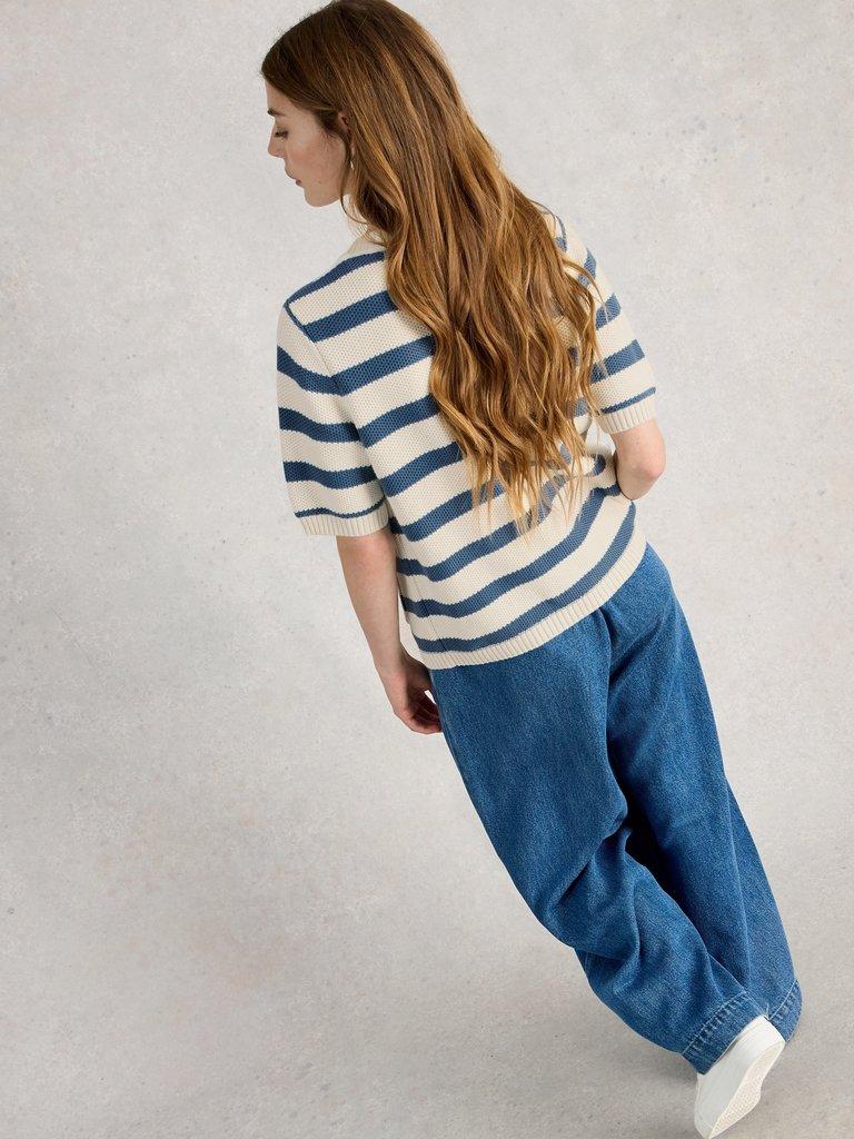 ISABELLA SHORT SLEEVE CARDI in BLUE MLT - MODEL BACK