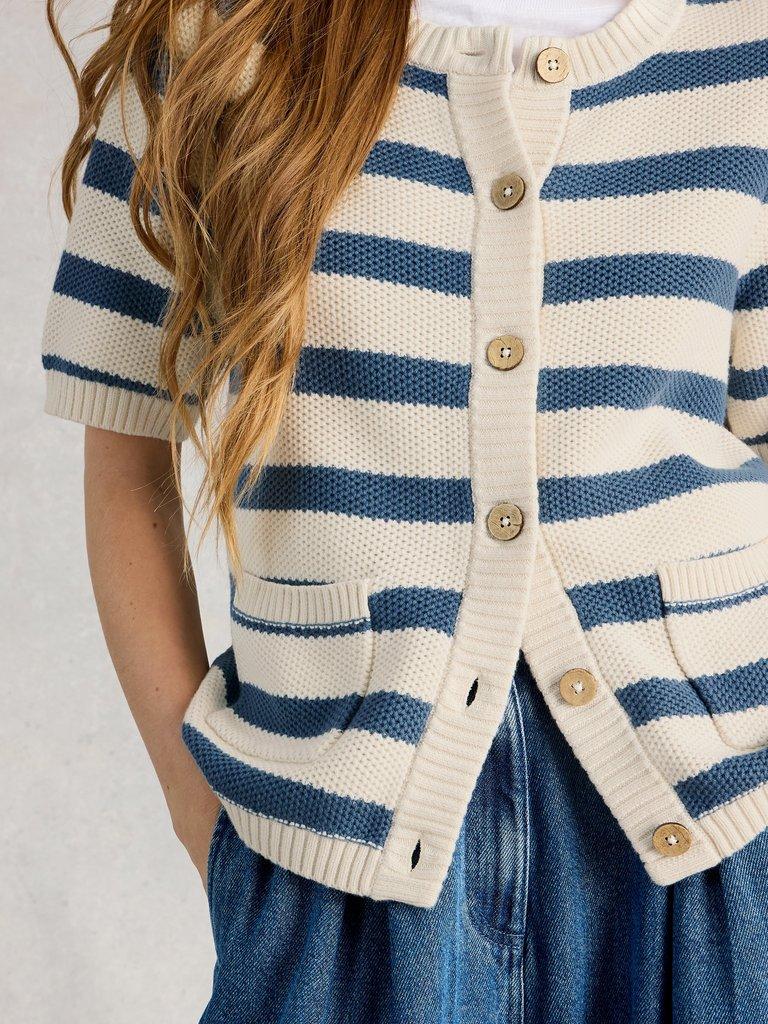 ISABELLA SHORT SLEEVE CARDI in BLUE MLT - MODEL DETAIL