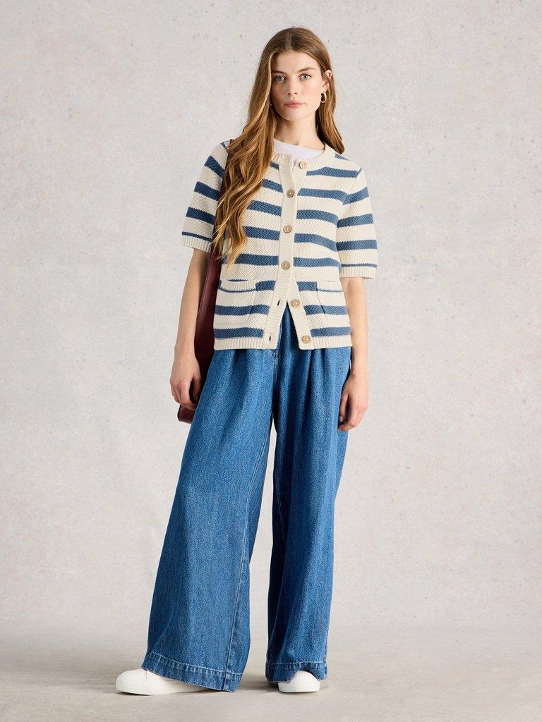 ISABELLA SHORT SLEEVE CARDI in BLUE MLT - MODEL FRONT